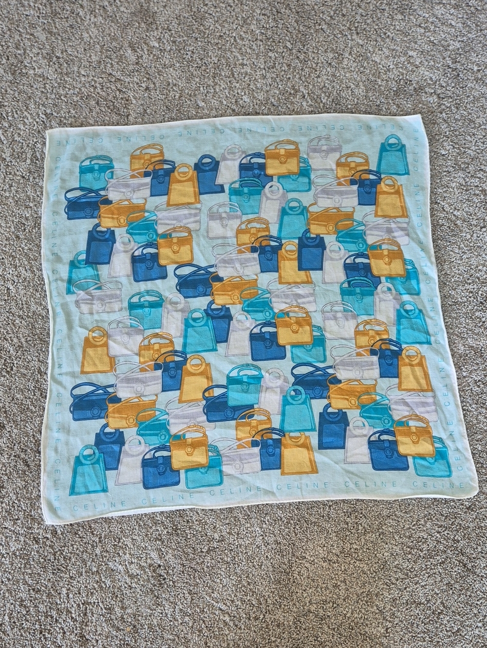Multicolor Handbag Motif  Scarf in Blue, Teal & Yellow